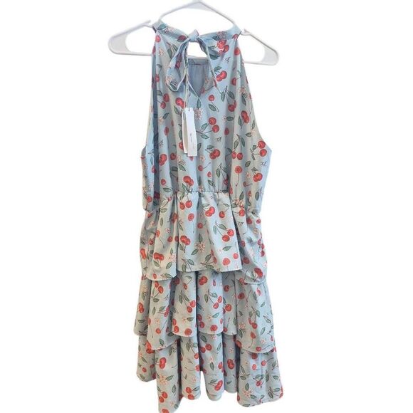 Belle Pogue Women's Baby Blue & Red Cherry Print Poly/Spandex Retro Lined Halter - Picture 5 of 13